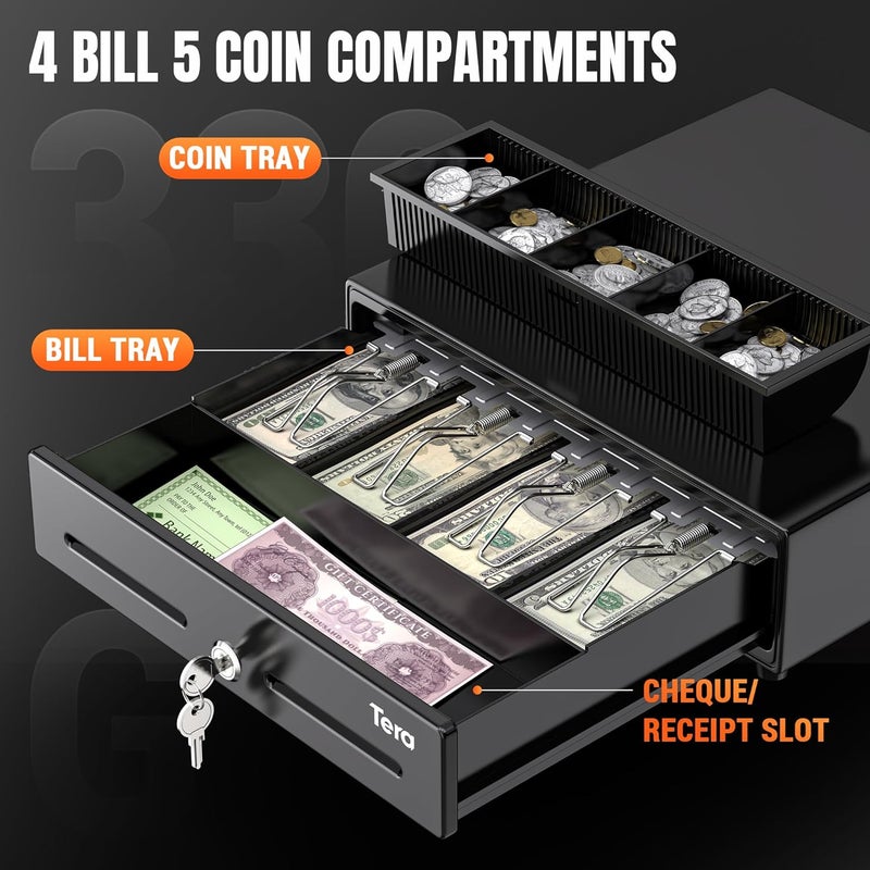 Tera 13" Cash Register Drawer for Point of Sale POS System with 4 Bill 5 Coin Cash Tray 6 Keys Auto Open Removable Coin Compartment Key-Lock 24V RJ12 Interface Media Slot for Small Business 330G - Image 3